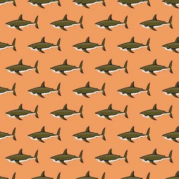 Seamless pattern shark on orange background. Texture of marine fish for any p Stock Illustration