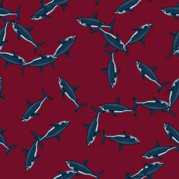 Seamless pattern shark on red background. Texture of marine fish for any purp 스톡 일러스트