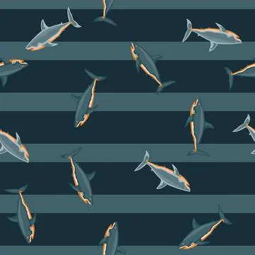 Seamless pattern shark on striped gray background. Texture of marine fish for Illustrazione stock
