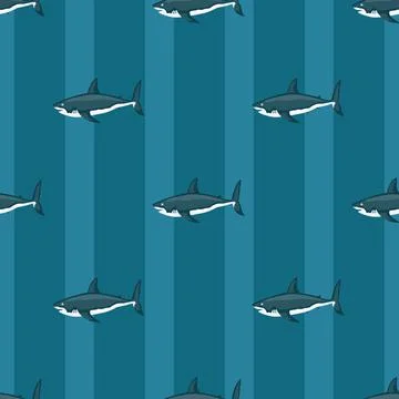 Seamless pattern shark on striped teal background. Texture of marine fish for Illustrazione stock