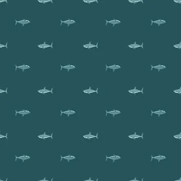 Seamless pattern shark on teal background. Small texture of marine fish for a 스톡 일러스트