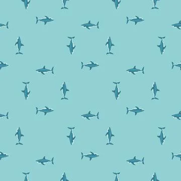 Seamless pattern shark on turquoise background. Texture of marine fish for an Stock Illustration