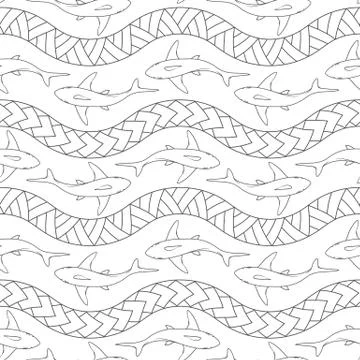 Seamless pattern with sharks and Polynesian symbols. Stock Illustration