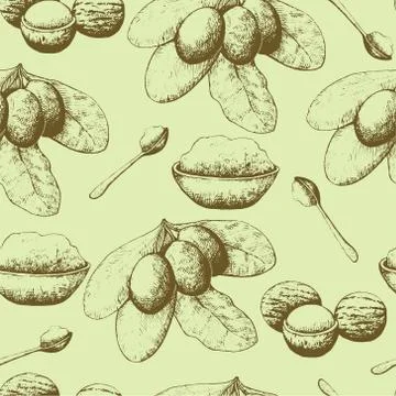 Seamless pattern with Shea nuts and butter. Stock Illustration