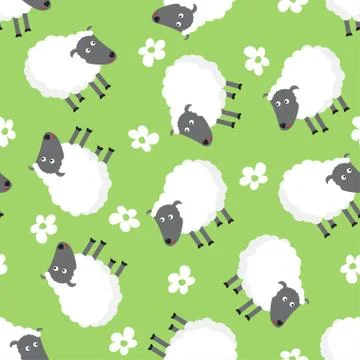 Seamless pattern with sheep and flowers Stock Illustration