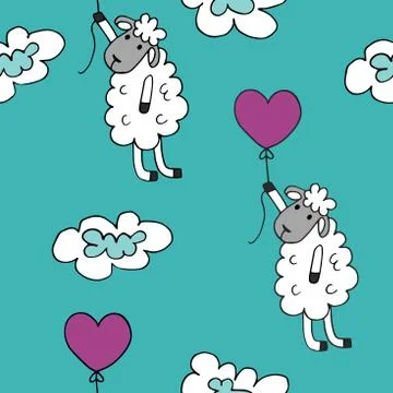 Seamless pattern sheep with heart baloon colored for babyroom Illustrazione stock