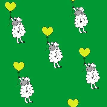 Seamless pattern sheep with heart baloon colored for babyroom Stock Illustration