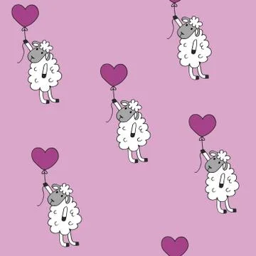 Seamless pattern sheep with heart baloon colored for babyroom Stock Illustration