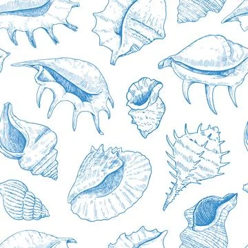 Seamless pattern with shells. Black and white detailed ink illustrations fo.. Illustrazione stock