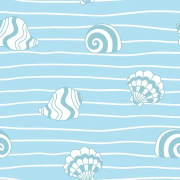 Seamless pattern with shells blue outline Stock Illustration