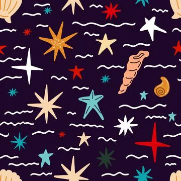 Seamless pattern with shells, corals, starfish on a dark blue background Illustrazione stock