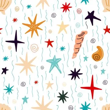 Seamless pattern with shells, corals, starfish on a blue background Illustrazione stock