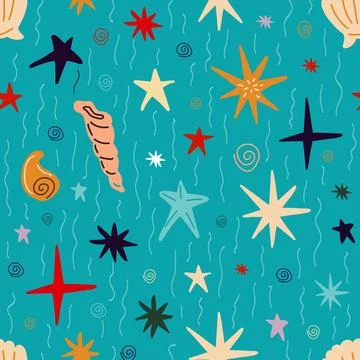 Seamless pattern with shells, corals, starfish on a blue background Stockillustratie