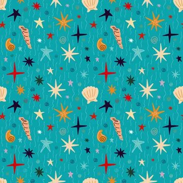 Seamless pattern with shells, corals, starfish on a blue background 스톡 일러스트