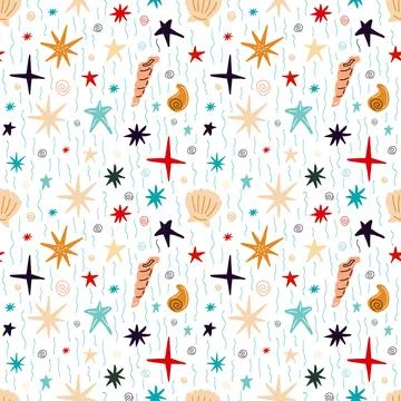 Seamless pattern with shells, corals, starfish on a blue background Stock Illustration