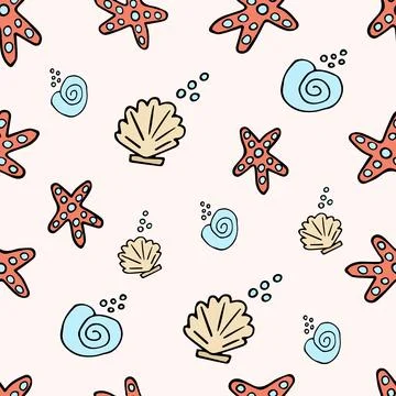 Seamless pattern with shells, fish, jellyfish on a light background, vector 스톡 일러스트