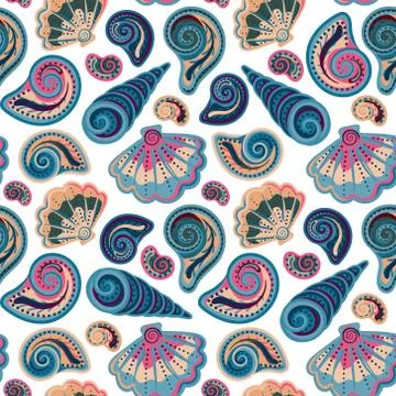 Seamless pattern with shells. Summer vector colorful background. Hand draw Stock Illustration