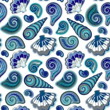 Seamless pattern with shells. Summer vector colorful background. Hand draw Illustrazione stock