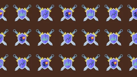 Seamless pattern of shield, crossed swords, and business chart icons animation Stock Footage 319456918