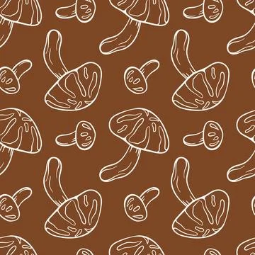 Seamless pattern with Shiitake mushroom in line art style. Autumn design for Stock Illustration