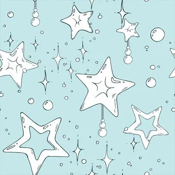 A seamless pattern with shimmering stars and beads. A hand-drawn monochrome line Illustrazione stock