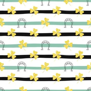 Seamless pattern with shining and glittering gold shamrocks clovers and horse Stock Illustration