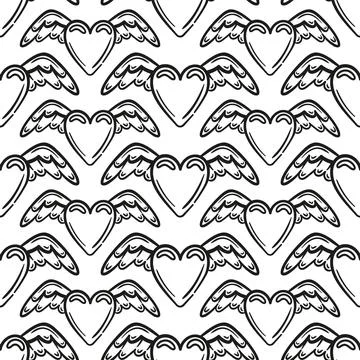 Seamless pattern Shining heart with angel wings. Vector illustration in 2000s Stock Illustration
