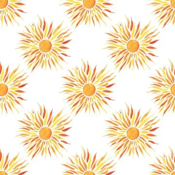 Seamless Pattern with Shiny Bright Yellow Sun on Orange Background. Stock Illustration