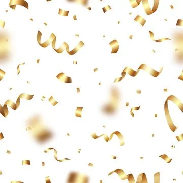 Seamless pattern of shiny gold foil confetti and tinsels on a white backgroun Stock Illustration