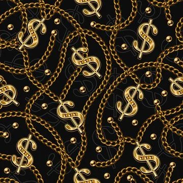 Seamless pattern with shiny gold usa dollar sign, metal classic chains, beads Illustrazione stock