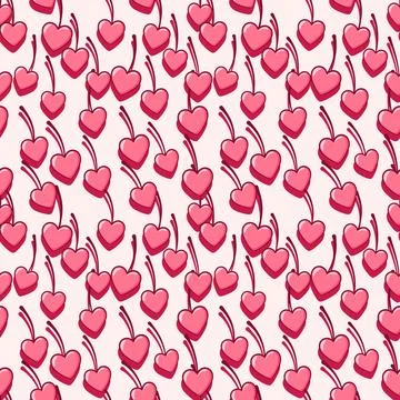 Seamless Pattern of Shiny Pink Heart Cherries Stock Illustration