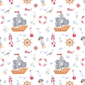 Seamless pattern with ship, pirate and other objects on white background Illustrazione stock