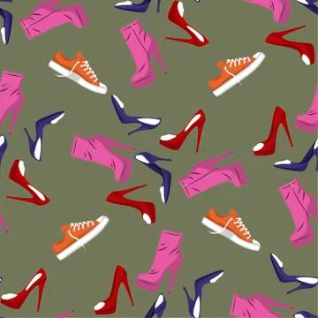 Seamless pattern of Shoes - running shoes sneakers, boots, high-heeled shoe.  Stock Illustration