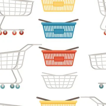Seamless pattern of shopping carts and baskets vector illustration on white Stock Illustration