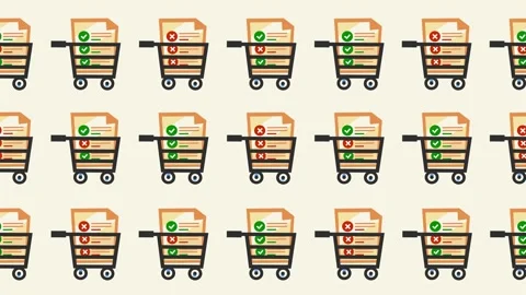 Seamless pattern of shopping carts with approved and rejected checklist Stock Footage 333819590