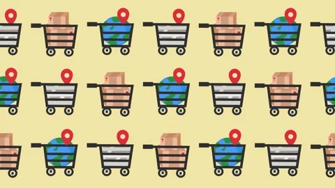 Seamless pattern of shopping carts with earth globes, packages, and location pin Stock Footage 333819587