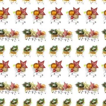 A seamless pattern, shopping trolley filled with Christmas decoration for the Stock Photos