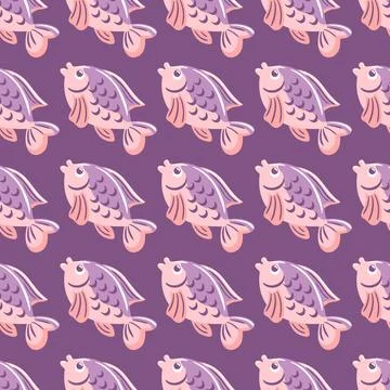 Seamless pattern showcases a charming pink fish, characterized by its playf.. Stock Illustration
