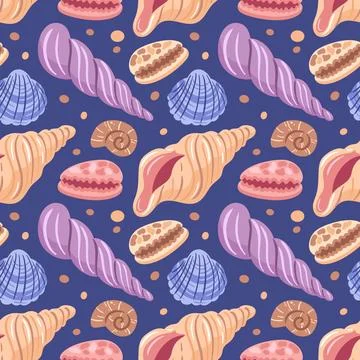 This seamless pattern showcases a delightful array of seashells in various sh Stock Illustration