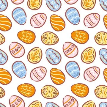 This seamless pattern showcases Easter eggs, each adorned with distinct hand- Stock Illustration