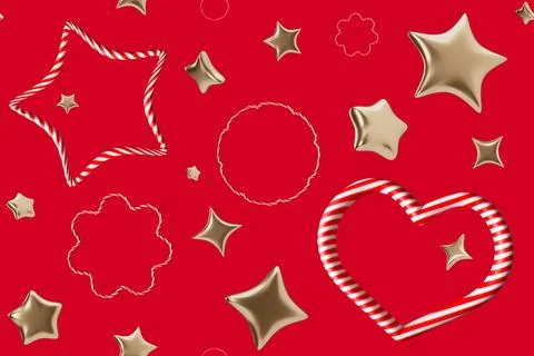 This seamless pattern showcases festive gold stars, candy cane shapes, and ho Stock Photos