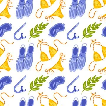This seamless pattern showcases a fun array of colorful bikinis, snorkels, fins Stock Illustration