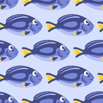 Seamless pattern showcases a stunning blue surgeonfish swimming gracefully .. Stock Illustration