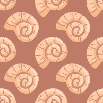 This seamless pattern showcases stylized snail shells in warm beige tones aga Stock Illustration
