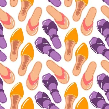 This seamless pattern showcases trendy summer sandals, perfect for capturing the Stock Illustration