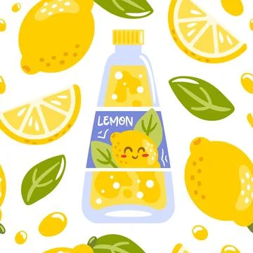 Seamless pattern showcases vibrant soda bottles, refreshing lemonade, and zesty Stock Illustration