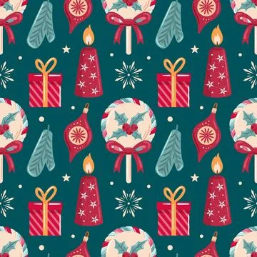 Seamless pattern showcasing candles, Christmas gifts, and tree ornaments. This Stock Illustration
