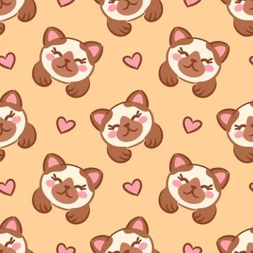 Seamless pattern showcasing charming kawaii kitten faces on a soft beige Stock Illustration