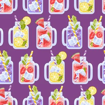 A Seamless pattern showcasing four colorful jars filled with refreshing drinks Stock Illustration