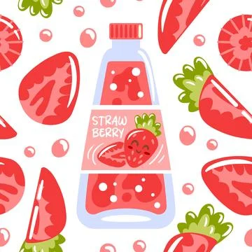 A seamless pattern showcasing strawberry soda in glass bottles, adorned with Stock Illustration